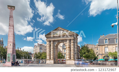 Porte d'Aquitaine arch and obelisk at Place de la Victoire timelapse hyperlapse in Bordeaux, France. Porte d'Aquitaine arch and obelisk at Place de la Victoire timelapse hyperlapse in Bordeaux, France. 123172907