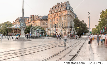 Triangular building and modern tram at Place de la Comedie timelapse, Bordeaux, France Triangular building and modern tram at Place de la Comedie timelapse, Bordeaux, France 123172933