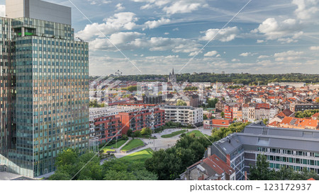 Aerial timelapse of Brussels urban landscape blending office skyscrapers with residential areas. 123172937