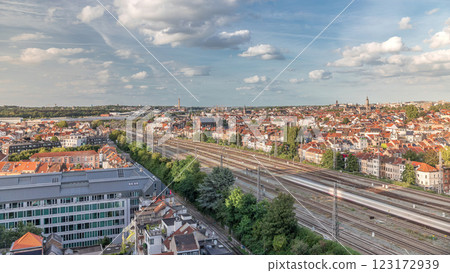 Aerial timelapse of Brussels North station railway tracks with trains arriving and departing. Belgium 123172939