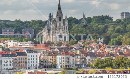 Aerial view of Notre Dame de Laeken church spires timelapse in Brussels, Belgium. 123172953
