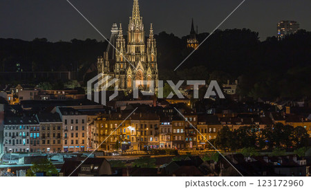 Aerial view of Notre Dame de Laeken church spires night timelapse in Brussels, Belgium. 123172960