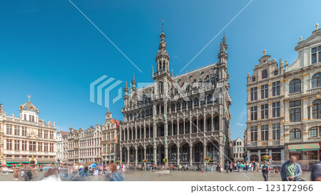 Timelapse hyperlapse of Maison du Roi facade at Grand Place, Brussels, Belgium 123172966