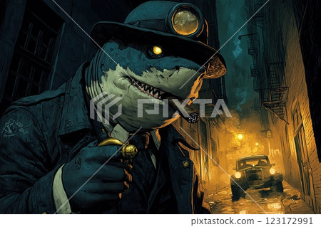 Anthropomorphic shark thug smokes a cigar in the back alley of a speakeasy, his brass knuckles glinting under the streetlamp. The smell of gunpowder and cheap booze fills the air. 123172991