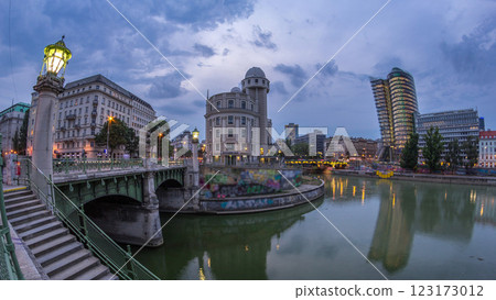 Urania and Danube Canal day to night timelapse in Vienna. Urania and Danube Canal day to night timelapse in Vienna. 123173012