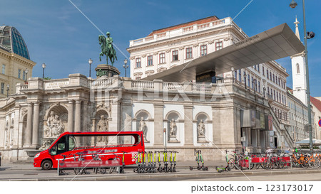 Front view of equestrian statue of Archduke Albert in front of the Albertina Museum timelapse hyperlapse in Vienna, Austria Front view of equestrian statue of Archduke Albert in front of the Albertina Museum timelapse hyperlapse in Vienna, Austria 123173017