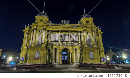 The building of the Croatian National Theater night timelapse hyperlapse. Croatia, Zagreb. The building of the Croatian National Theater night timelapse hyperlapse. Croatia, Zagreb. 123173048