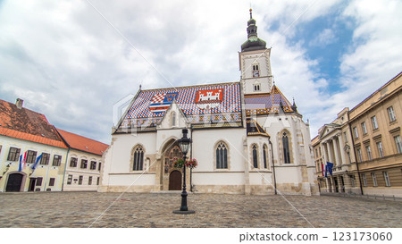 Church of St. Mark timelapse hyperlapse and parliament building Zagreb, Croatia. 123173060