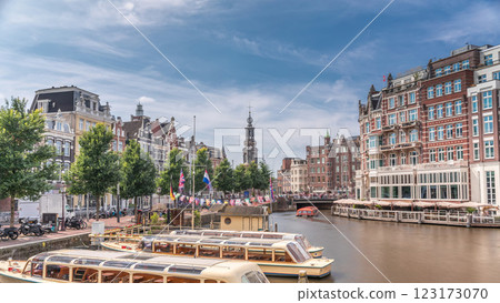 Panoramic timelapse hyperlapse of Amsterdam city center featuring Amstel River, waterfront and Munttoren tower. Netherlands Panoramic timelapse hyperlapse of Amsterdam city center featuring Amstel River, waterfront and Munttoren tower. Netherlands 123173070
