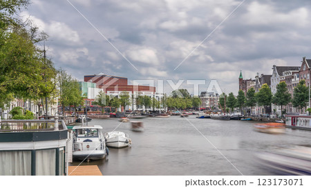 Hyperlapse of the exterior facade of the National Opera music and theatre venue. Amsterdam, The Netherlands Hyperlapse of the exterior facade of the National Opera music and theatre venue. Amsterdam, The Netherlands 123173071