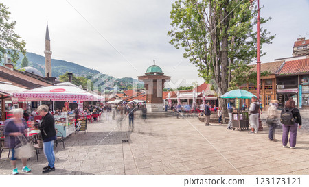 The Sebilj fountain in Sarajevo old city in Bosnia and Herzegovina timelapse hyperlapse. 123173121