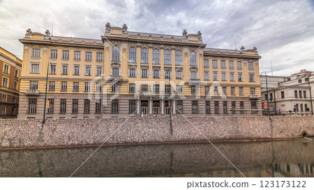 Miljacka river and post office in Sarajevo the capital city of Bosnia and Herzegovina timelapse hyperlapse Miljacka river and post office in Sarajevo the capital city of Bosnia and Herzegovina timelapse hyperlapse 123173122
