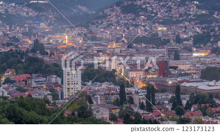 Aerial view of the historic part of Sarajevo city day to night timelapse. Aerial view of the historic part of Sarajevo city day to night timelapse. 123173123
