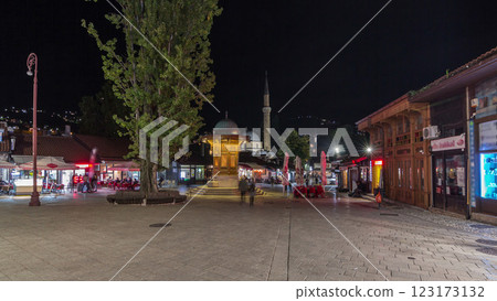 The Sebilj fountain in Sarajevo old city in Bosnia and Herzegovina night timelapse hyperlapse. The Sebilj fountain in Sarajevo old city in Bosnia and Herzegovina night timelapse hyperlapse. 123173132