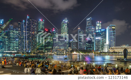 Light and Water Show along promenade in front of Marina Bay Sands timelapse hyperlapse. 123173146