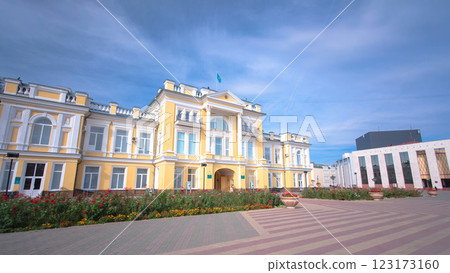 Beautiful 18th century building in the center of Uralsk timelapse hyperlapse. Western Kazakhstan. 123173160