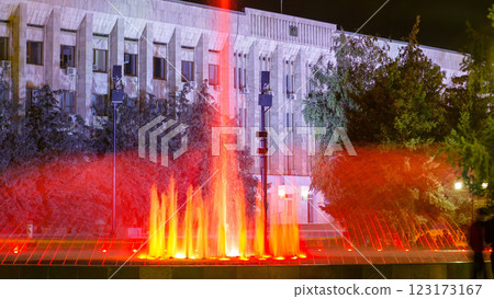 Amusement musical fountain Tornado in Uralsk night timelapse hyperlapse. Amusement musical fountain Tornado in Uralsk night timelapse hyperlapse. 123173167