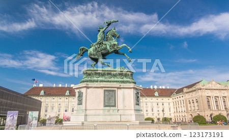Statue rider Erzherzog Karl on horseback with flag in hand timelapse hyperlapse. Heldenplatz. Vienna 123173191