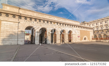 Exterior of outer castle gate from Ringstrasse timelapse hyperlapse in Vienna city in sunny day. 123173192