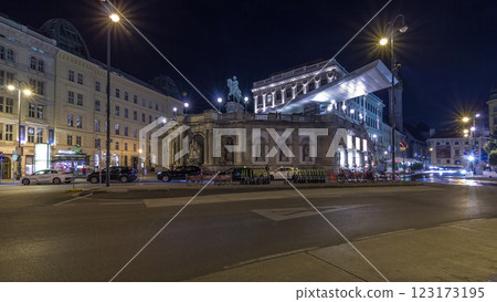 Night view of equestrian statue of Archduke Albert in front of the Albertina Museum timelapse hyperlapse in Vienna, Austria Night view of equestrian statue of Archduke Albert in front of the Albertina Museum timelapse hyperlapse in Vienna, Austria 123173195