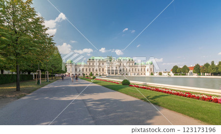 Belvedere palace with beautiful floral garden timelapse hyperlapse, Vienna Austria Belvedere palace with beautiful floral garden timelapse hyperlapse, Vienna Austria 123173196