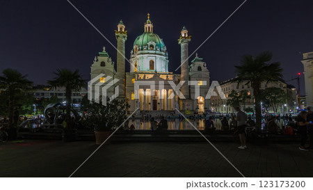 Karlskirche on the Karlsplatz square night timelapse hyperlapse in Vienna, Austria. 123173200