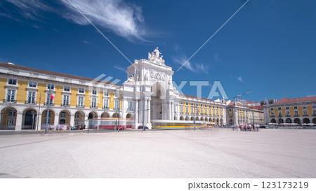 Commerce Square in downtown Lisbon, one of the largest squares in Europe timelapse hyperlapse 123173219