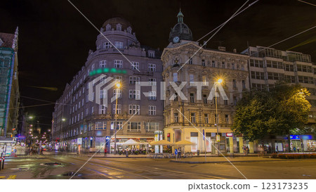 Wenceslas Square in Prague at night timelapse hyperlapse, dusk time. Wenceslas Square in Prague at night timelapse hyperlapse, dusk time. 123173235