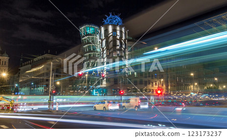 Metropolises Prague at night timelapse hyperlapse in the twilight, modern architecture, Czech republic. 123173237