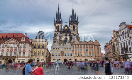 Old town square in Prague timelapse hyperlapse, Tyn Cathedral of the Virgin Mary and monument of Jan Hus. Old town square in Prague timelapse hyperlapse, Tyn Cathedral of the Virgin Mary and monument of Jan Hus. 123173243