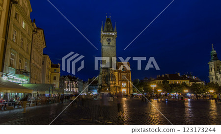 Prague Old Town Hall at Night timelapse hyperlapse with unrecognizable tourists walking Prague Old Town Hall at Night timelapse hyperlapse with unrecognizable tourists walking 123173244