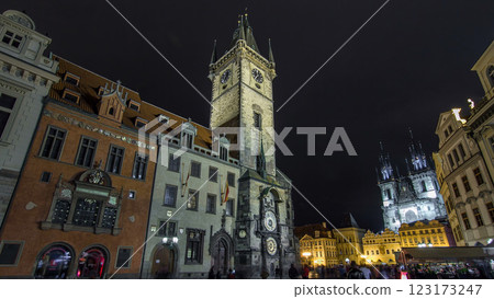 Night time illuminations of the the Old Town Hall timelapse hyperlapse, Town Square and fairy tale Church of our Lady Tyn Night time illuminations of the the Old Town Hall timelapse hyperlapse, Town Square and fairy tale Church of our Lady Tyn 123173247