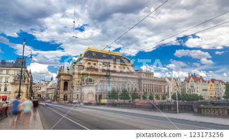 Timelapse hyperlapse view of the National Theater in Prague from the Legion Bridge. Timelapse hyperlapse view of the National Theater in Prague from the Legion Bridge. 123173256