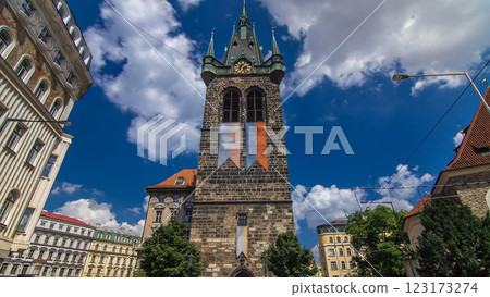 Jindrisska Tower timelapse hyperlapse - the highest belfry in Prague. Jindrisska Tower timelapse hyperlapse - the highest belfry in Prague. 123173274