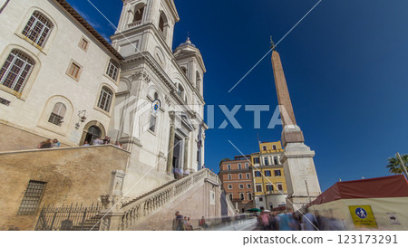 Church of Trinita dei Monti and Egyptian obelisk timelapse hyperlapse in Rome in Italy. 123173291