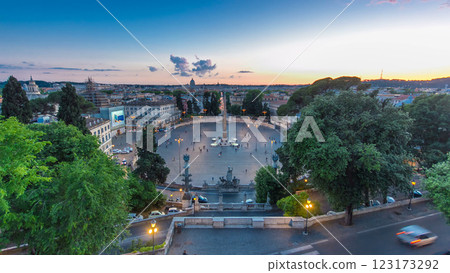 Aerial view of the large urban square, the Piazza del Popolo day to night timelapse, Rome after sunset 123173292