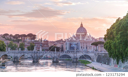 St. Peter's Basilica, Saint Angelo Bridge and Tiber River in the sunset timelapse 123173294