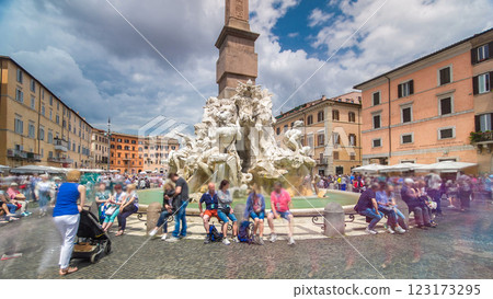 Piazza Navona, the fountain of four rivers timelapse hyperlapse designed by G.L.Bernini. 123173295