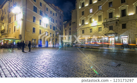 Walk down streets of Rome timelapse hyperlapse from the Pantheon to fountain Trevi showing restaurants and the blur of people at night Walk down streets of Rome timelapse hyperlapse from the Pantheon to fountain Trevi showing restaurants and the blur of people at night 123173297