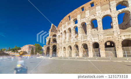 The Colosseum or Coliseum timelapse hyperlapse, also known as the Flavian Amphitheatre in Rome, Italy The Colosseum or Coliseum timelapse hyperlapse, also known as the Flavian Amphitheatre in Rome, Italy 123173318