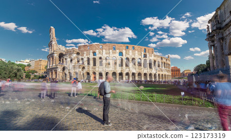 The Colosseum or Coliseum timelapse hyperlapse, also known as the Flavian Amphitheatre in Rome, Italy The Colosseum or Coliseum timelapse hyperlapse, also known as the Flavian Amphitheatre in Rome, Italy 123173319