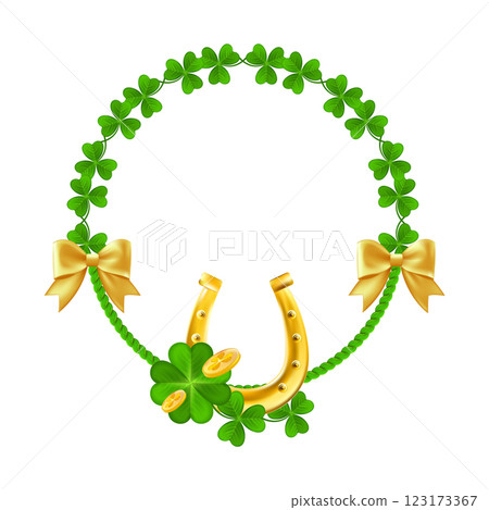 St. Patrick wreath with horseshoe. Shamrocks and Gold Coins frame. St. Patrick wreath with horseshoe. Shamrocks and Gold Coins frame. 123173367