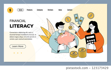 Financial landing. Smart people expensive and investing self money recent vector business web page template with place for personal text Financial landing. Smart people expensive and investing self money recent vector business web page template with place for personal text 123173429