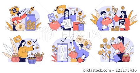 Financial literacy. Conceptual illustrations with characters with money connection learning of smart investing processes saving and expense self budget recent vector flat templates Financial literacy. Conceptual illustrations with characters with money connection learning of smart investing processes saving and expense self budget recent vector flat templates 123173430
