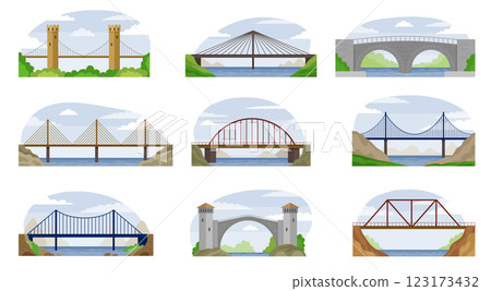 Bridges. Urban architectural objects city bridges for transport recent vector flat illustrations set Bridges. Urban architectural objects city bridges for transport recent vector flat illustrations set 123173432