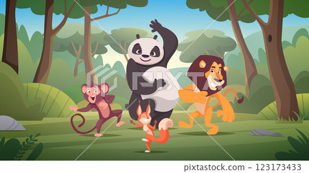 Animal dance. Baby animals have fun dancing and jumping on floor exact vector zoo animals in cartoon style background template Animal dance. Baby animals have fun dancing and jumping on floor exact vector zoo animals in cartoon style background template 123173433