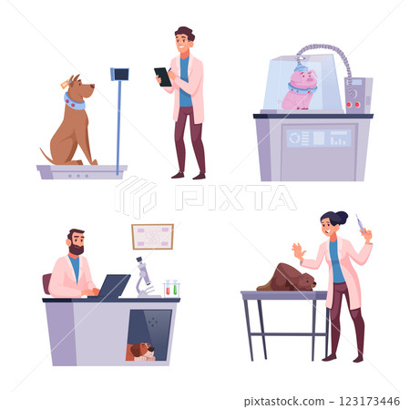 Animal experiments. Scientists working in laboratory with different animals exact vector experiments concept illustrations in cartoon style 123173446