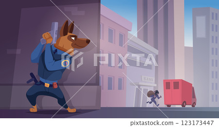 Police station. Zoo animals working in police exact vector cartoon background template of police animals Police station. Zoo animals working in police exact vector cartoon background template of police animals 123173447