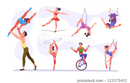 Acrobats. Performance gymnasts circus equilibrists in action poses exact vector circus show characters Acrobats. Performance gymnasts circus equilibrists in action poses exact vector circus show characters 123173451