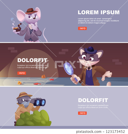 Spy animals. detective characters with spy glasses and magnifying find criminal Spy animals. detective characters with spy glasses and magnifying find criminal 123173452